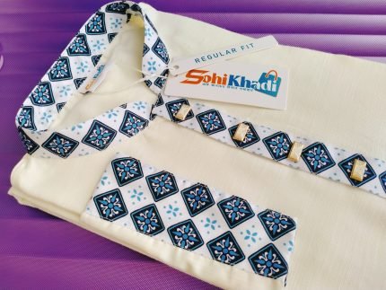 অফ-হোয়াট কনট্রাস্ট ডিজাইন খাদি পাঞ্জাবি ( কোড-৬০)